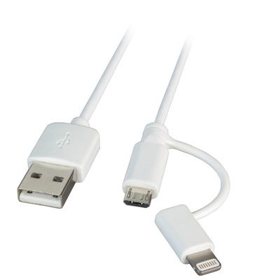 MFI USB2.0 Kabel Typ-A - 2 in 1 Stecker -- - Micro-B / Lightning, 2,0m, weiß