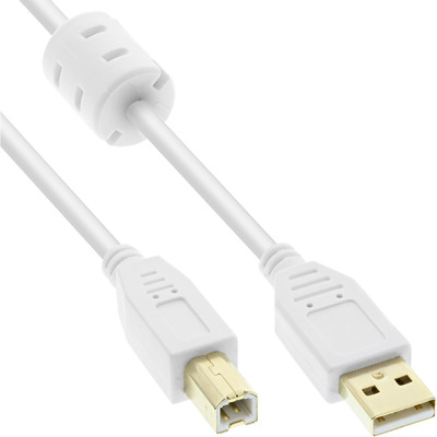 InLine® USB 2.0 Kabel, A an B, weiß / gold, mit Ferritkern, 5m